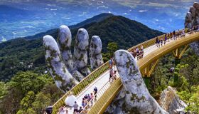 Panoramic view of Ba Na Hills’ mountain retreat for a scenic Ba Na Tours banner by Legend Travel Group.